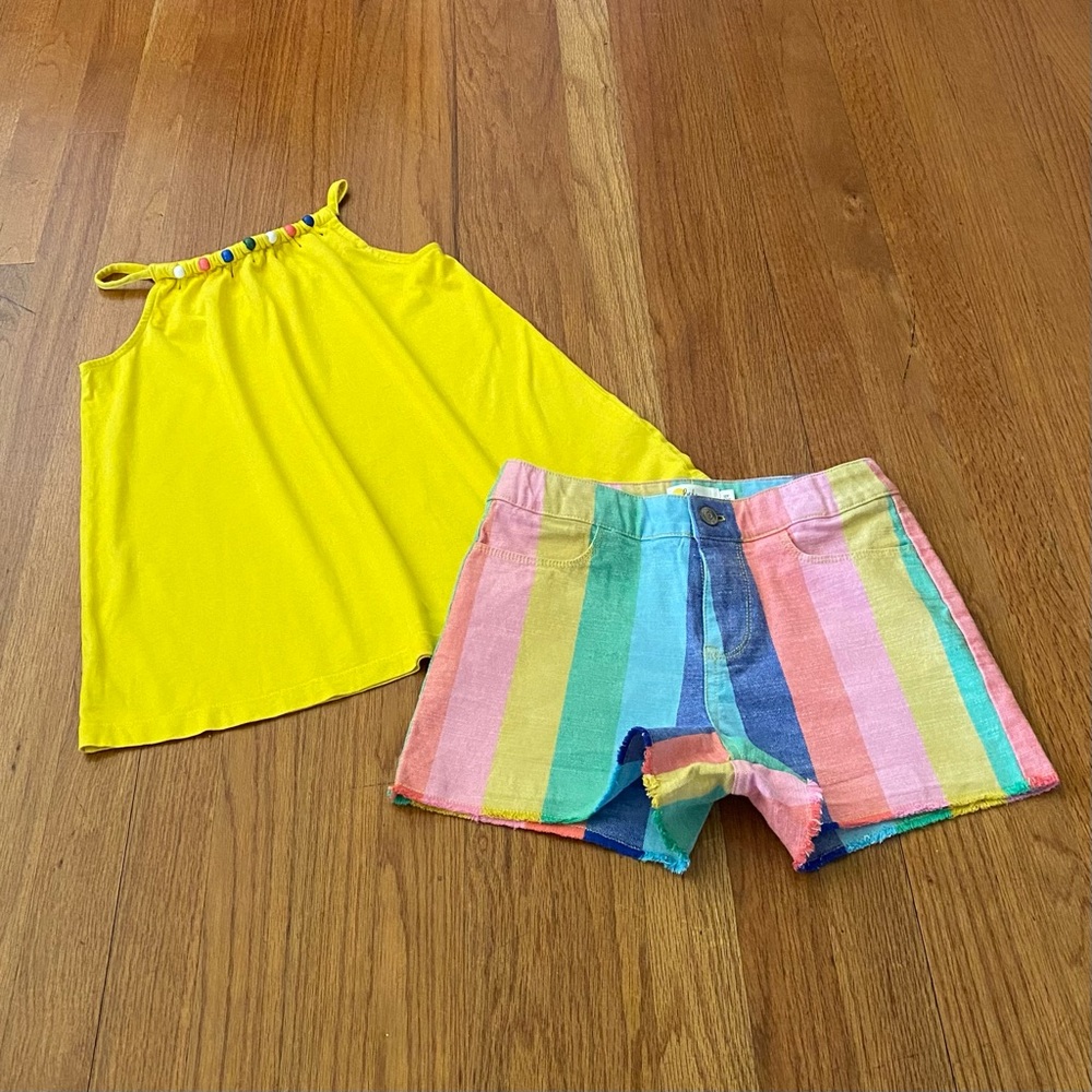 Boden Beads Top and Rainbow Stripe Shorts Set
